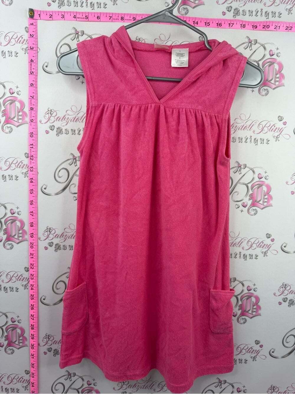 ANGEL BEACH terry cloth y2k Girls Pink Sleeveless Hooded Terry Dress Pockets
